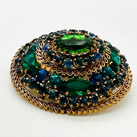 Vintage Blue Green Rhinestone Brooch - Picture 7 of 15